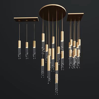 Modern Elegant Chandelier With Gold Metal Frame Cylindrical Columns And Crystal Pendants 3d model