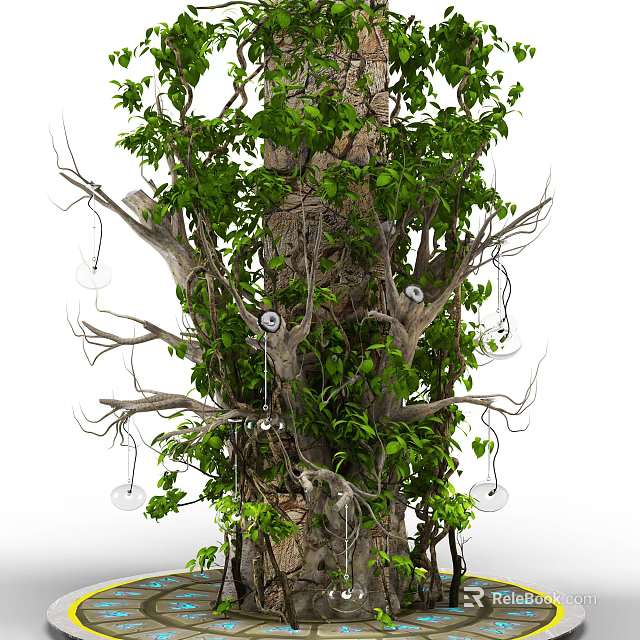 Garden Decor with Tree Trunk Green Leaves Vines and Transparent Bulbs 3d model 