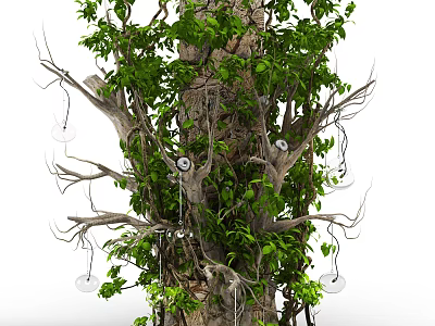 Garden Decor with Tree Trunk Green Leaves Vines and Transparent Bulbs 3d model