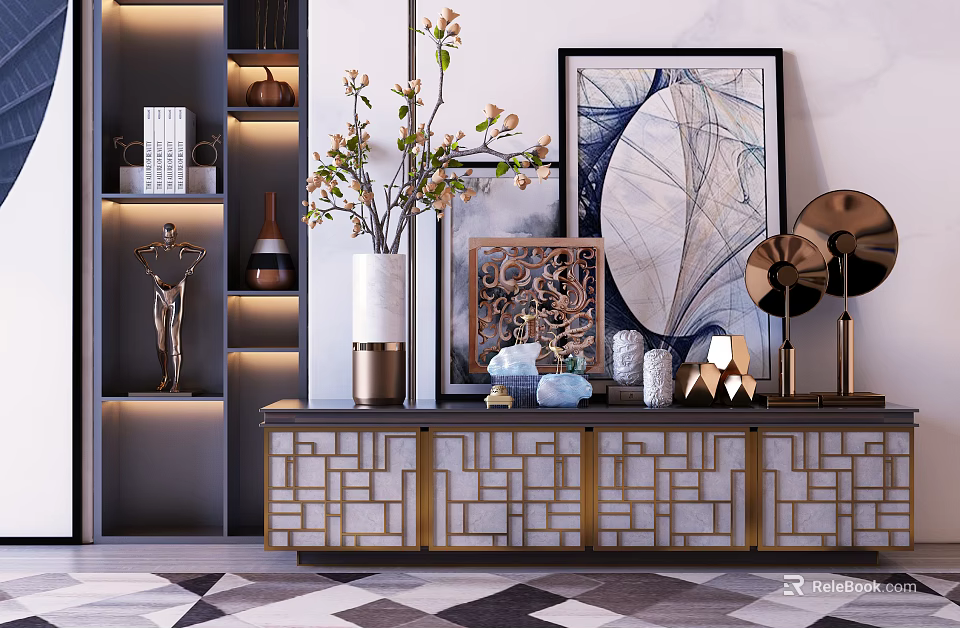 Modern Luxury Console Table with Gold Frame Geometric Patterns and Decorative Vase Sculpture Artwork 3d model 