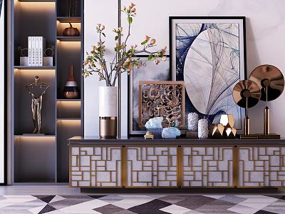 Modern Luxury Console Table with Gold Frame Geometric Patterns and Decorative Vase Sculpture Artwork 3d model
