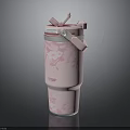 Pink Insulated Thermal Mug With Cartoon Pattern Straw And Lid Design