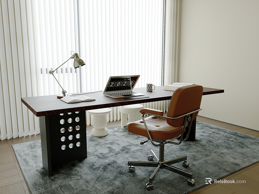 Modern Wooden Desk With Laptop Desk Lamp And Brown Chair In Natural Light With Blinds 3d model 