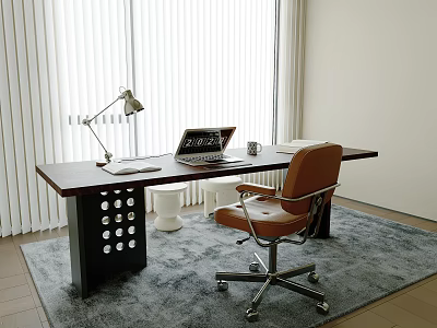 Modern Wooden Desk With Laptop Desk Lamp And Brown Chair In Natural Light With Blinds 3d model
