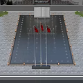 Scenic Square Landscape With Central Fountain Pool Red Flags On Flagpoles And Paved Ground