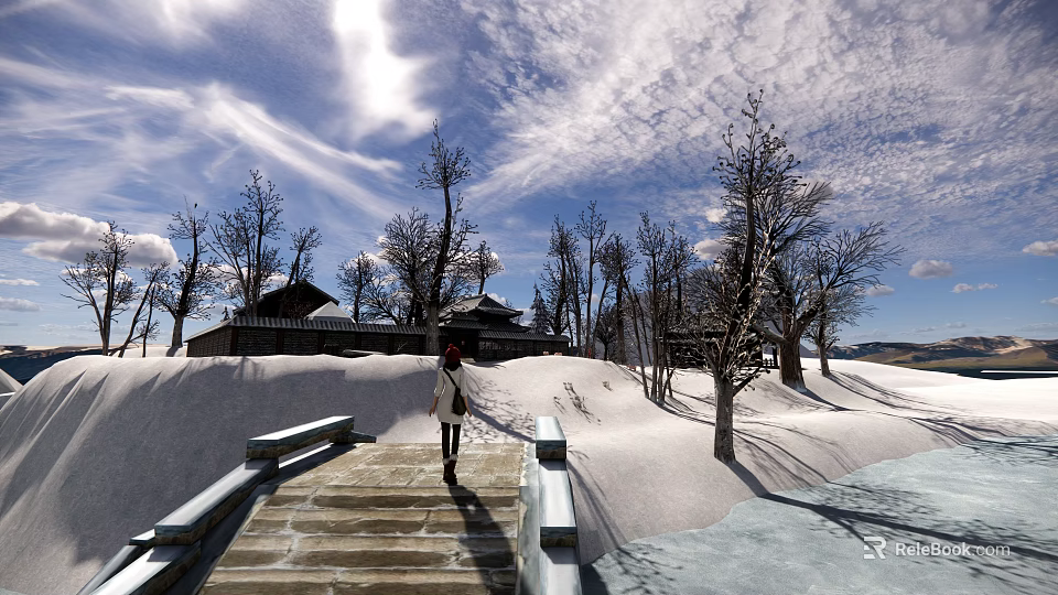 Ancient Building In Snowy Landscape With Wooden Bridge And Person Under Blue Sky 3d model 