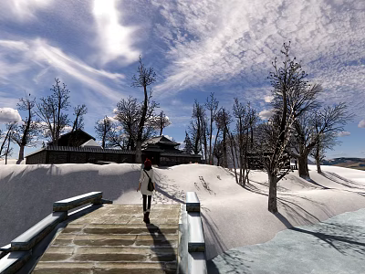 Ancient Building In Snowy Landscape With Wooden Bridge And Person Under Blue Sky 3d model