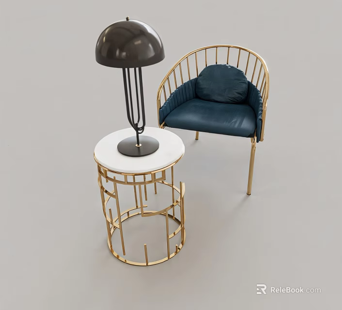 Leisure Chair With Golden Metal Frame Blue Cushion And Small Round Table With Black Lamp 3d model 