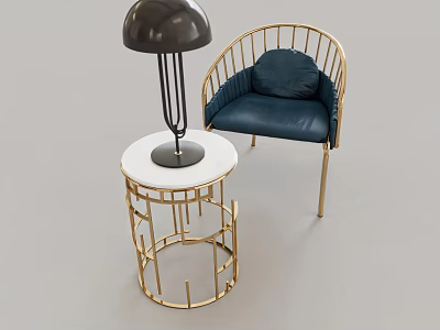 Leisure Chair With Golden Metal Frame Blue Cushion And Small Round Table With Black Lamp 3d model