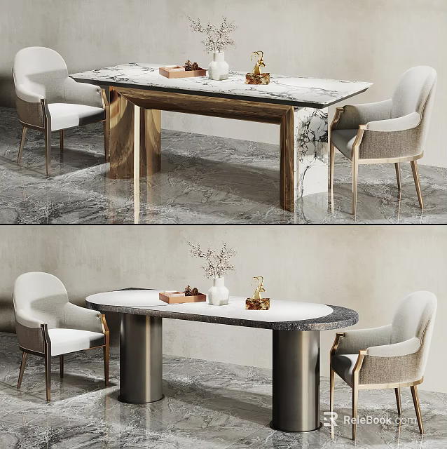 Elegant Modern Dining Table Set With Marble Tabletop Upholstered Chairs And Decorative Items 3d model 