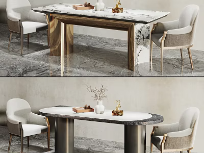 Elegant Modern Dining Table Set With Marble Tabletop Upholstered Chairs And Decorative Items 3d model