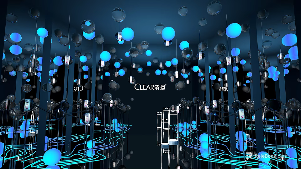 CLEAR Brand Display Space With Blue Lights Hanging Spheres Mirrors And Illuminated Lines 3d model 