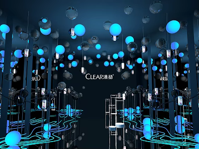 CLEAR Brand Display Space With Blue Lights Hanging Spheres Mirrors And Illuminated Lines 3d model
