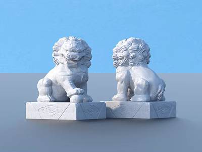 Garden Ornaments Featuring Carved Stone Lions on Decorative Pedestals Blue Background 3d model