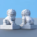 Garden Ornaments Featuring Carved Stone Lions on Decorative Pedestals Blue Background