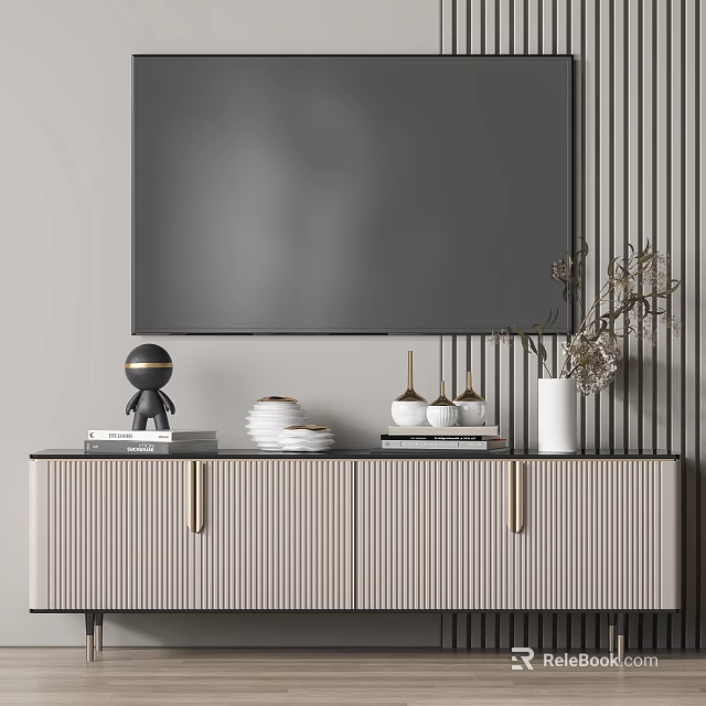 Modern TV Stand With Striped Design And Decorative Items Plates Vase And TV 3d model 