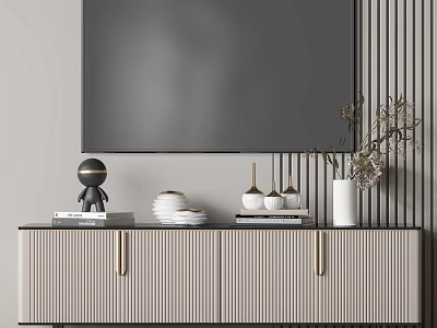 Modern TV Stand With Striped Design And Decorative Items Plates Vase And TV 3d model