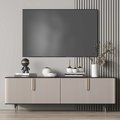 Modern TV Stand With Striped Design And Decorative Items Plates Vase And TV 3d model