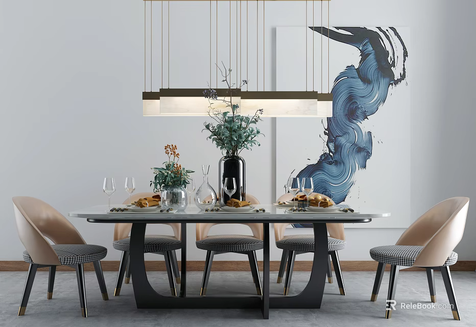 Modern Dining Table Set With Chairs Hanging Pendant Light Green Plants And Wall Art 3d model 