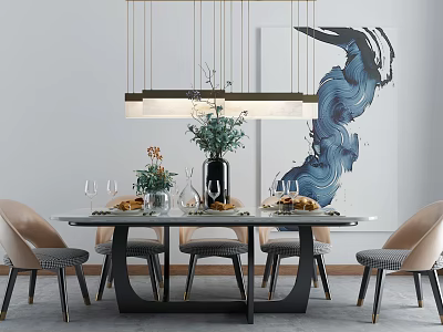 Modern Dining Table Set With Chairs Hanging Pendant Light Green Plants And Wall Art 3d model