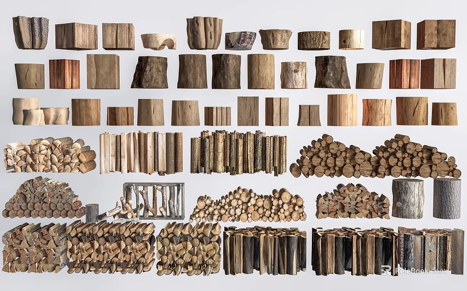 Various Natural Stone and Wood Materials Including Stacked Logs and Textured Stones 3d model 