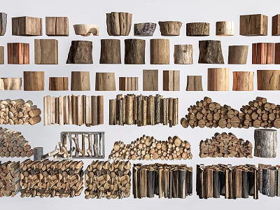 Various Natural Stone and Wood Materials Including Stacked Logs and Textured Stones 3d model