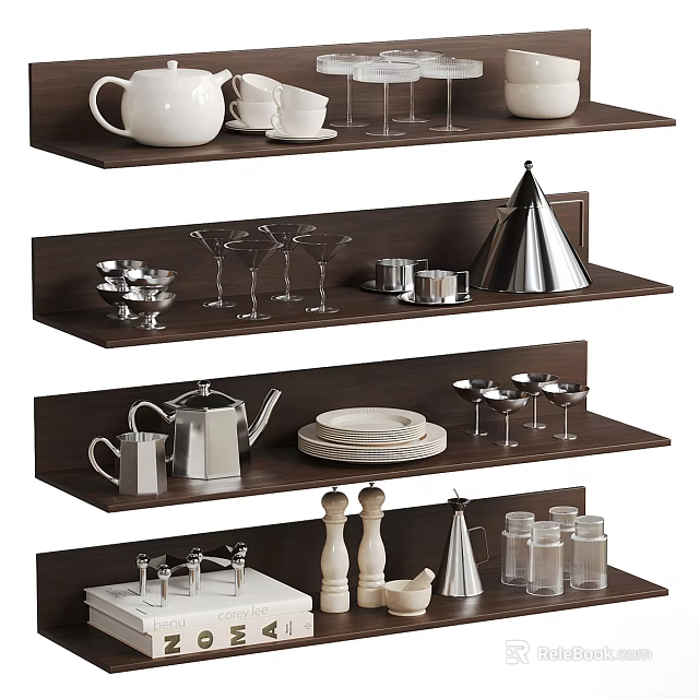 Elegant Tableware Set Display on Dark Wooden Shelves with Teapot Goblets Plates and Glass Jars 3d model 