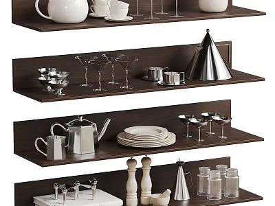 Elegant Tableware Set Display on Dark Wooden Shelves with Teapot Goblets Plates and Glass Jars 3d model