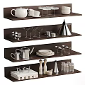 Elegant Tableware Set Display on Dark Wooden Shelves with Teapot Goblets Plates and Glass Jars