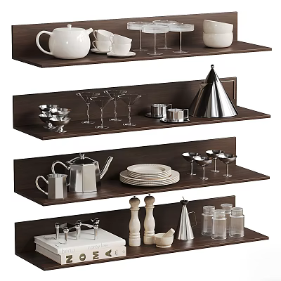 Elegant Tableware Set Display on Dark Wooden Shelves with Teapot Goblets Plates and Glass Jars 3d model