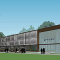 Modern Sales Office Building with Glass Facade Trees Lawn Outdoor Seating and People Around
