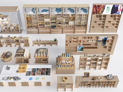 Wooden Display Shelves With Various Designs And Sizes For Retail Product Showcase 3d model
