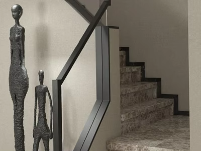 Modern Staircase With Black Handrail And Marble Steps Beside Sculptures 3d model