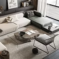 Modern Living Room Featuring L-shaped Sectional Sofa Marble Coffee Table Armchair Large Window and Rug