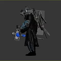 Game Movie Character With Sci Fi Mechanical Armor Blue Luminous Parts And Sickle Like Weapon