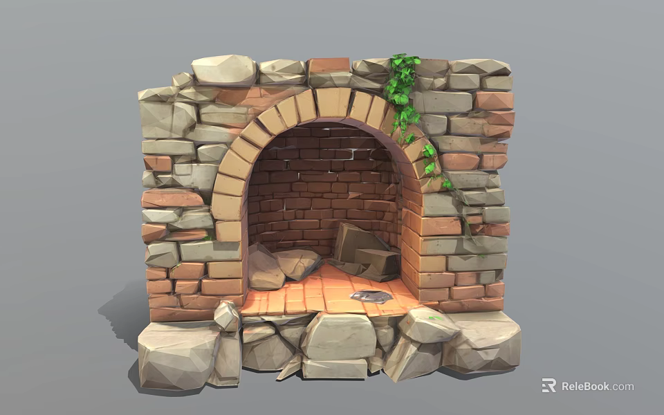 Rustic Stone Fireplace With Arched Opening Green Ivy And Wood Logs 3d model 
