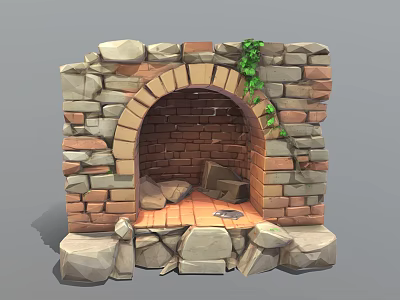 Rustic Stone Fireplace With Arched Opening Green Ivy And Wood Logs 3d model