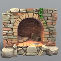 Rustic Stone Fireplace With Arched Opening Green Ivy And Wood Logs 3d model