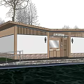 Modern Public Restroom Building With Wooden Accents Stone Base And Trees By Water