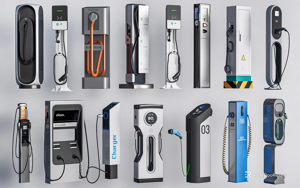 Various Electric Vehicle Charger Models With Different Designs And Features 3d model