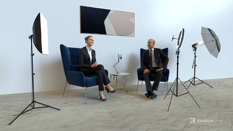 Office Electrical Appliances in Modern Office Interview Setup With Microphone And Photography Lights 3d model 