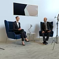 Office Electrical Appliances in Modern Office Interview Setup With Microphone And Photography Lights