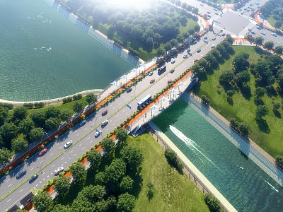 Aerial View Of Urban Road Bridge With Vehicles Over Waterway And Lush Green Areas 3d model