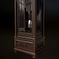 Gothic Style Wooden Grandfather Clock With Carved Details And Gold Accents