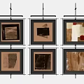Six Abstract Framed Paintings With Geometric Shapes Neutral Tones And Red Accent