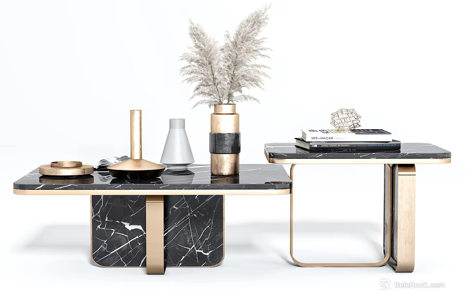 Elegant Black Marble Coffee Table With Gold Legs Dried Pampas Grass Books And Vase 3d model 