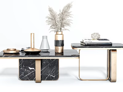 Elegant Black Marble Coffee Table With Gold Legs Dried Pampas Grass Books And Vase 3d model