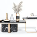 Elegant Black Marble Coffee Table With Gold Legs Dried Pampas Grass Books And Vase