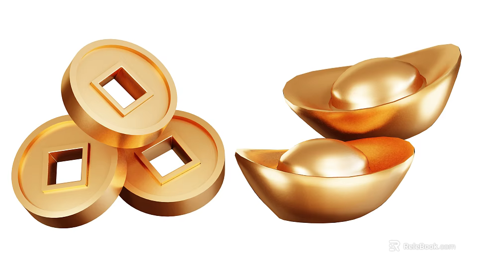 Decorative Golden Ornament Set with Round Square Hole Coins and Ingot Shapes 3d model 