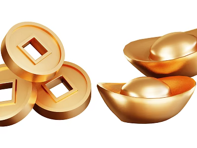 Decorative Golden Ornament Set with Round Square Hole Coins and Ingot Shapes 3d model